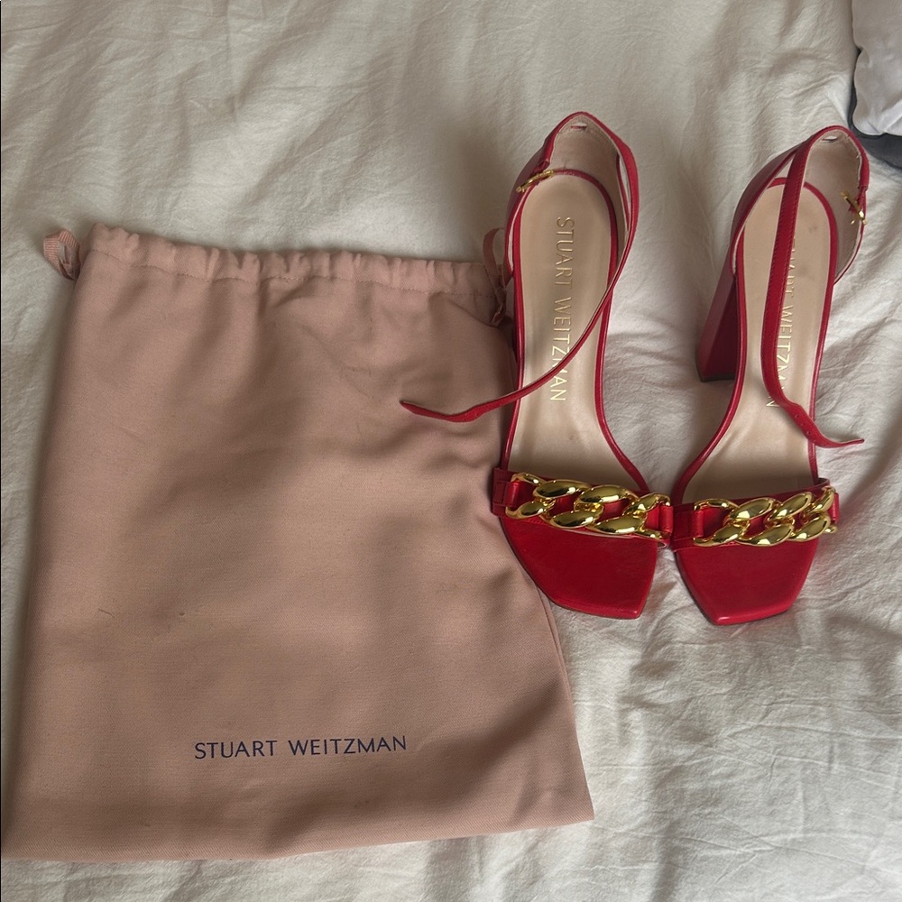 Stuart Weitzman Red Heels with Gold Chain Accent